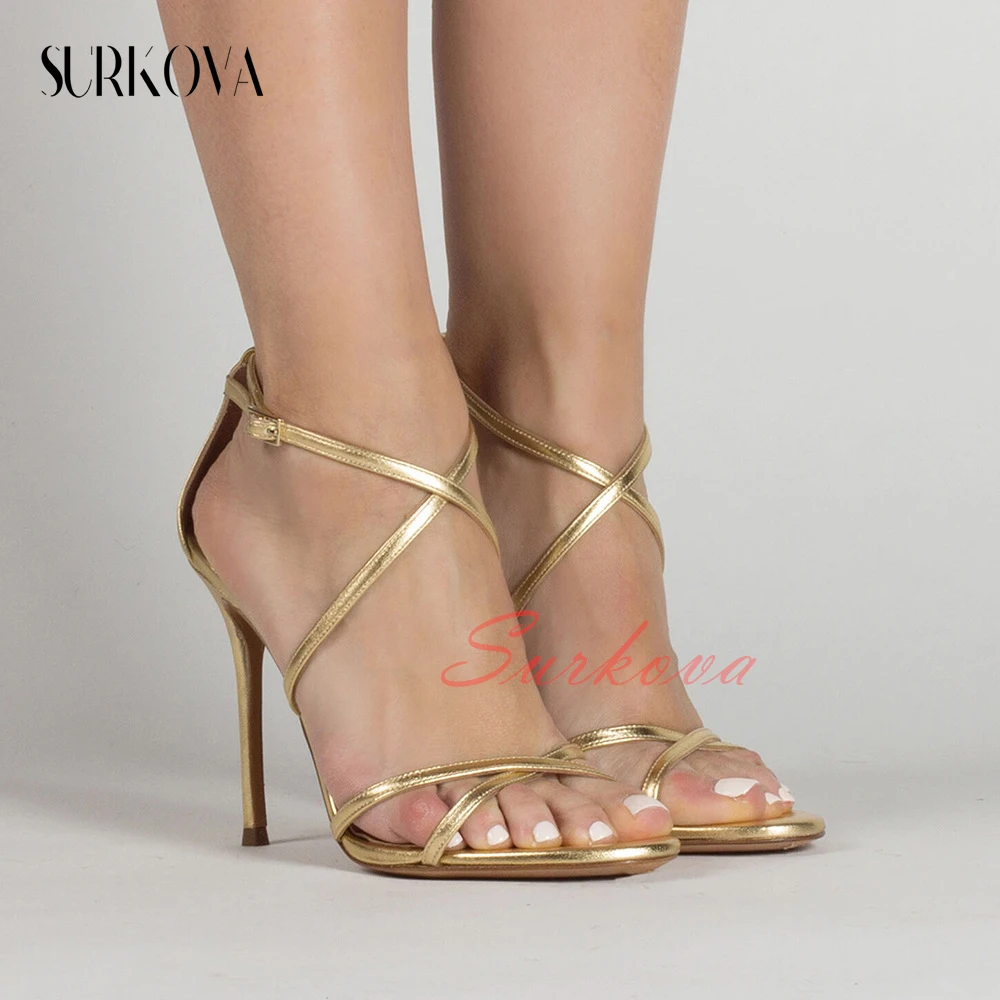 Cross Narrow Band Concise Open Toe High Heel Sandals Solid Color Ankle Buckle Stilettos Fashion High Heels Summer Women's Shoes