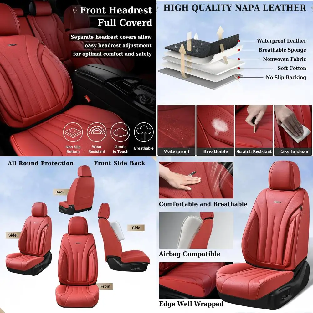 

Seat Covers Full Set, Red Seat Covers for Cars, Front and Rear Seat Covers Waterproof Seat Cover, Leather Car Seat Protector, Un