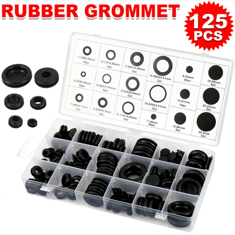 125pcs Boxed Fireproof Rubber Gasket Combination Black Plastic Rubber Flat Washer Plane Spacer Insulation Gasket Ring For Screw