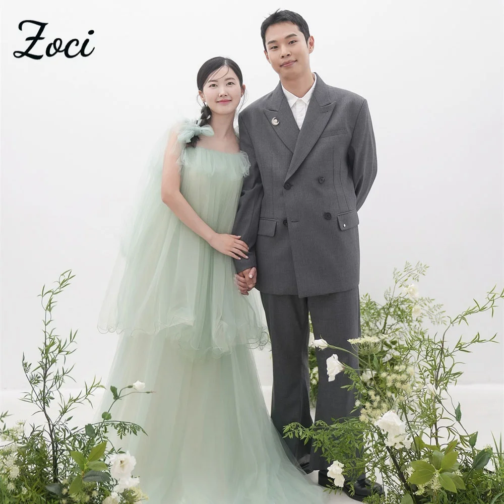 

Zoci Chic Square Neck Light Green Korea Wedding Dresses Spaghetti Straps Ruched Ruffles A-line Evening Party Dress Photo Shoot