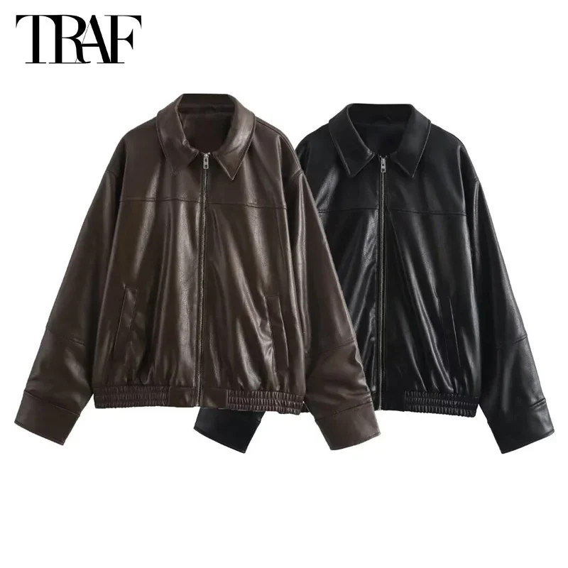 New Faux Leather Bomber Jackets Woman 2025 Black Pleated Jackets for Women Fall Zipper Women\'s Jacket Long Sleeve Jacket Women