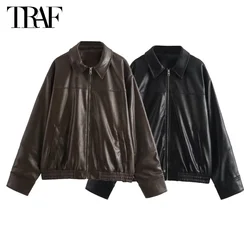 New Faux Leather Bomber Jackets Woman 2025 Black Pleated Jackets for Women Fall Zipper Women's Jacket Long Sleeve Jacket Women