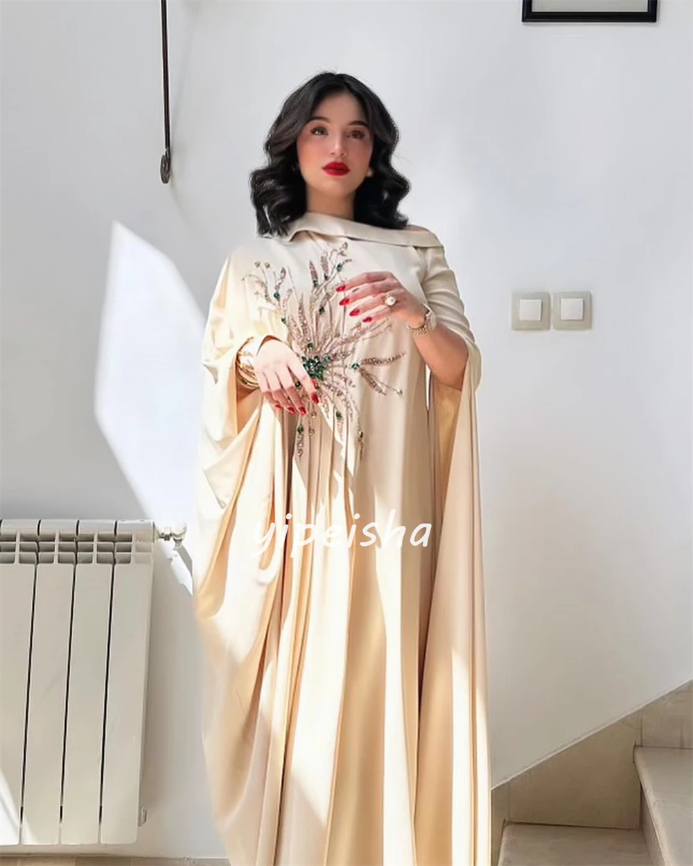 Classic Jersey Sequined Beading Ruched A-line High Collar Long Dresses Celebrity Dresses Exquisite Modern Style Pastrol Unisex