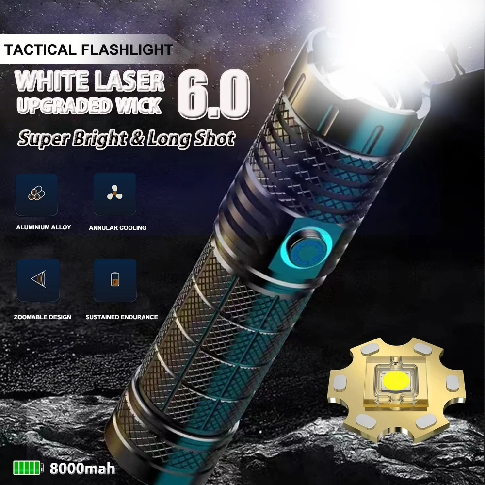 Tactical Flashlight  High Lumens Battery Powered Type C 120W White LED Torch Lantern Emergency Camping Outdoor Flash Light