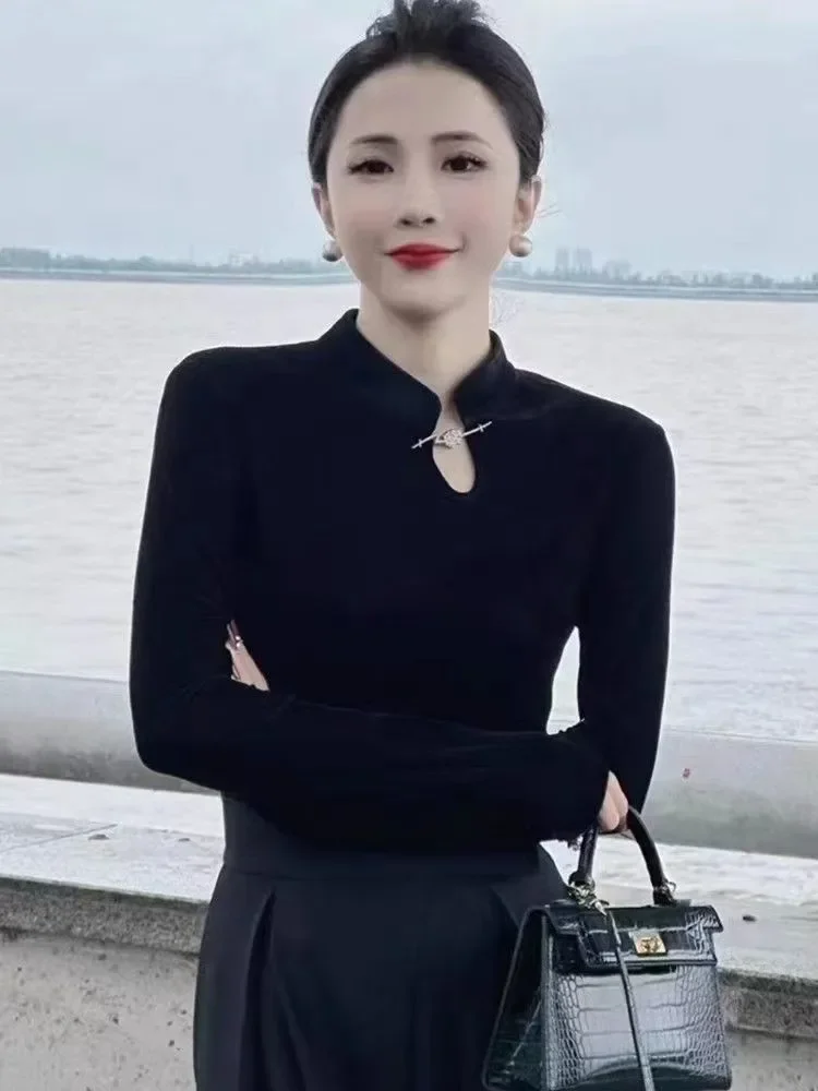 2025 ملابس آسيوية سوداء مثيرة تي شيرت شرقي صيني بأكمام طويلة ملابس الشارع الآسيوية شيونغسام ملابس نسائية على الطراز الصيني #4