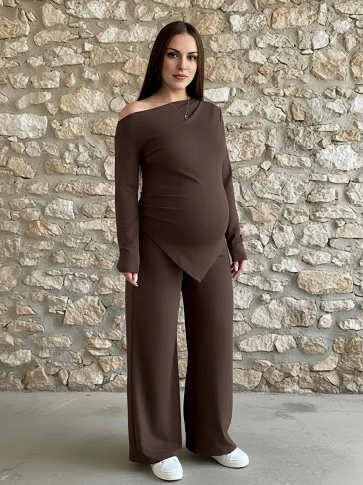 Maternity One Shoulder Long Sleeve Pants Set Two Piece Pregnancy Clothes Outfit Women Fashion Photo Shoot Prop
