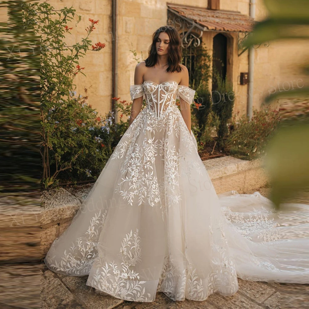 Gaun pernikahan wanita garis A Sweetheart menawan 2024 gaun pengantin applique renda gaun tanpa lengan bahu Vestidos Femenino