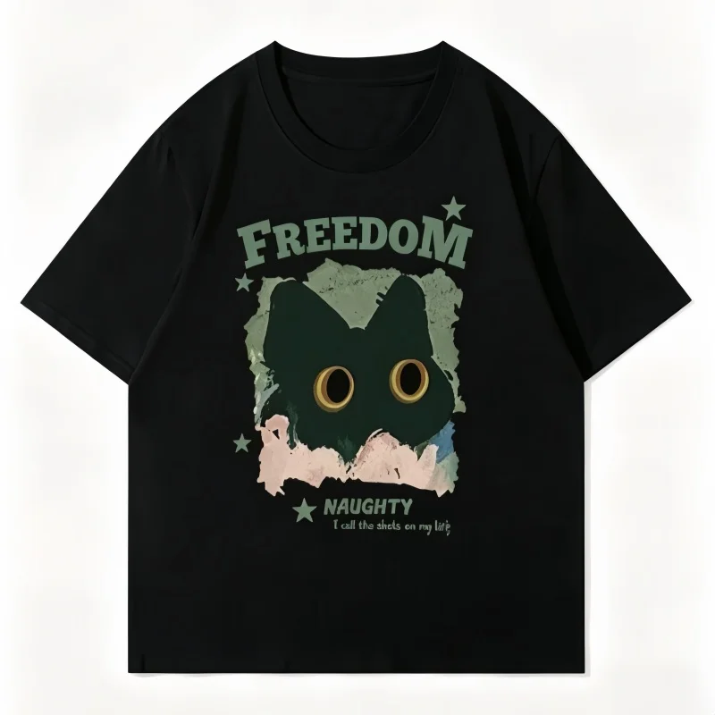2026 American retro black cat cartoon printed short sleeved T-shirt for couples Y2K original style casual loose round neck top