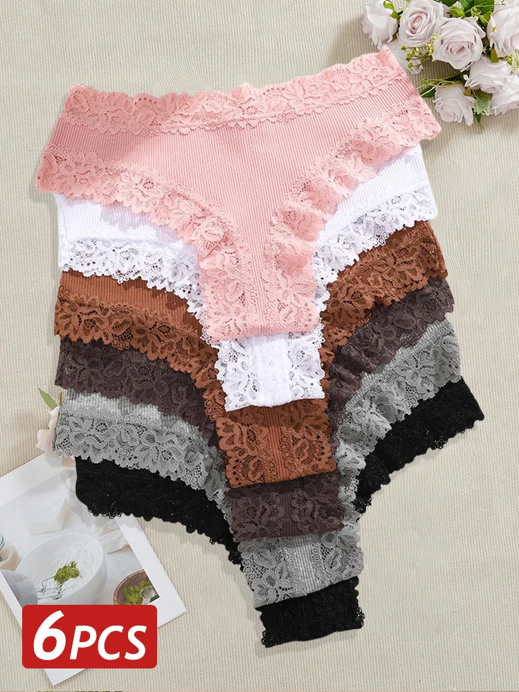 6PCS/Set Women Sexy Lace Cotton Brazilian Panties Female Low-Waist Elastic Underwear Ladies Bikini T