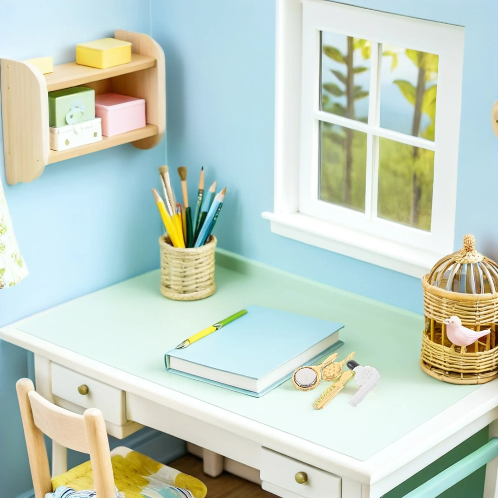 

8Pcs Miniature Bathroom Playset Realistic Details Enhance Creativity Mini Foldable Hairbrush Blow Dryer Mirror Combo for Kids