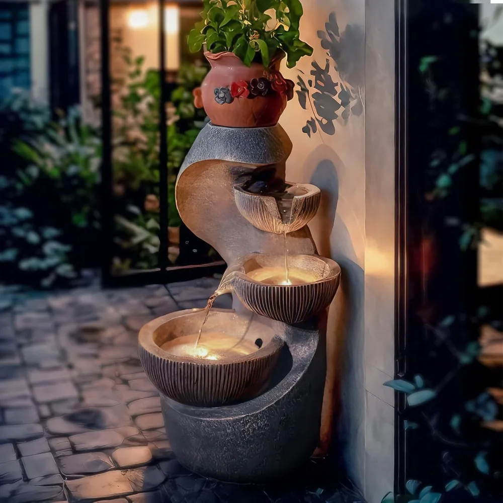 

20" H Outdoor Water Fountain, Modern Outdoor Garden Fountains with LED Lighted for Garden, Patio, Deck, Backyard and Home Art De