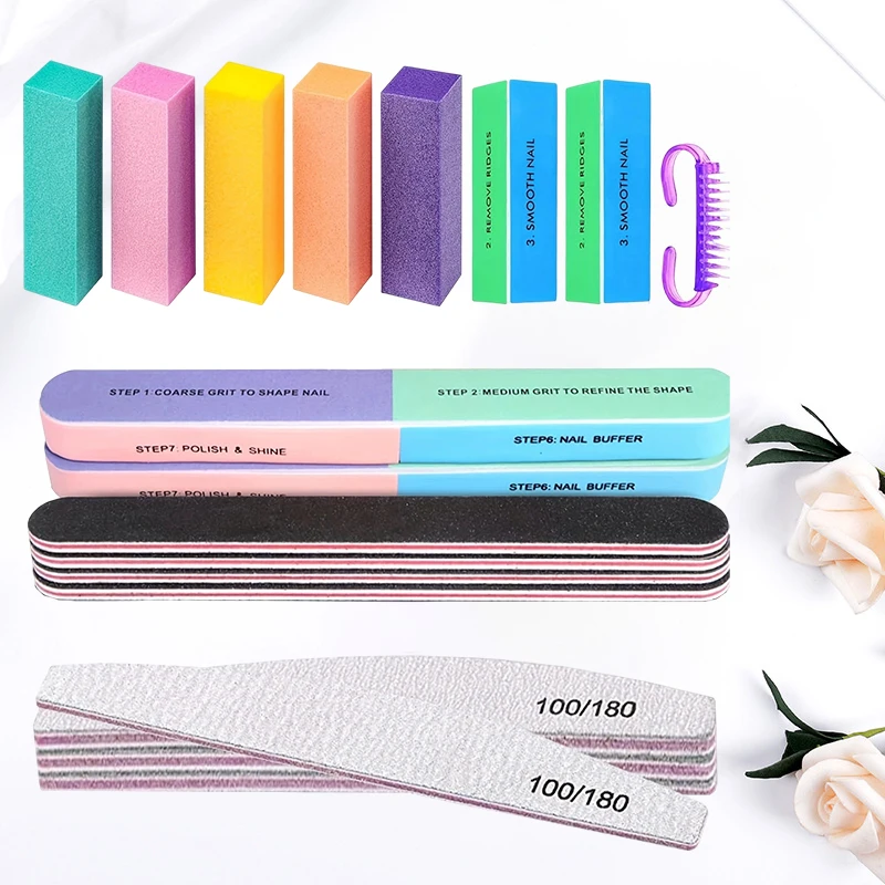 18PCS Professional Manicure Tools Kit - Nail Buffer Block & 100/180 Grit 7 Way Nail File & Nail Polishing Buffer Nail Care Tool