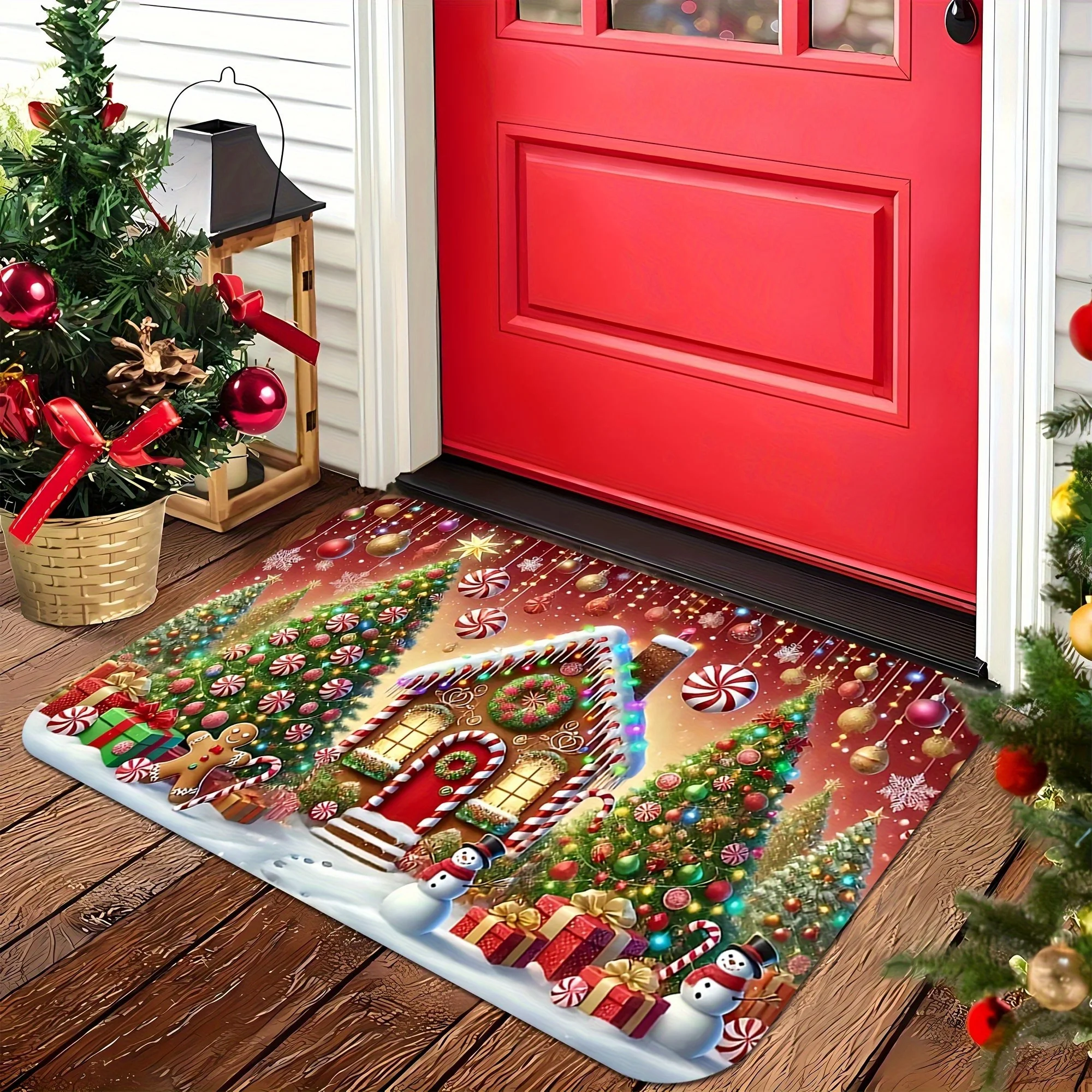 VIKAMA Christmas Doormat Non‑Slip Front Entrance Rug Washable Indoor Outdoor Xmas Gingerbread Candy Winter Holiday Home Mat