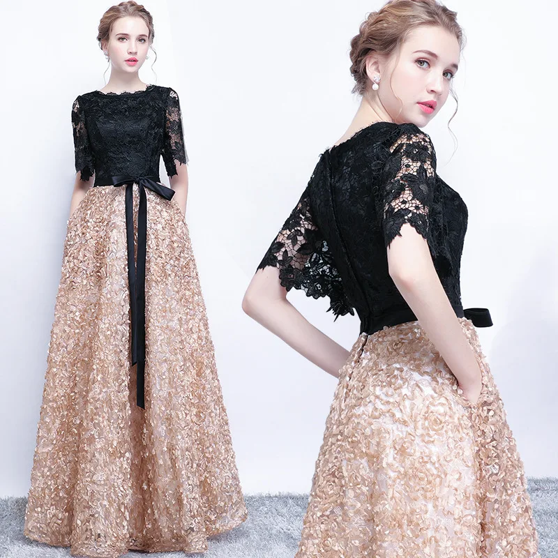 O149 Sweet Memory Black And Khaki Evening Dress Floor Length Christmas Birthday Dresses for Women 2025 Lace Appliques Party Robe