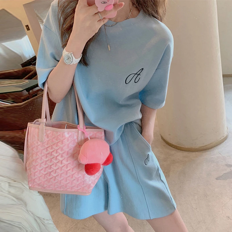 

Summer Casual Women Running Sports set blue Suit korean Loose Short Sleeve O-neck Tops & Shorts Pant 2 piece sets womens outfits