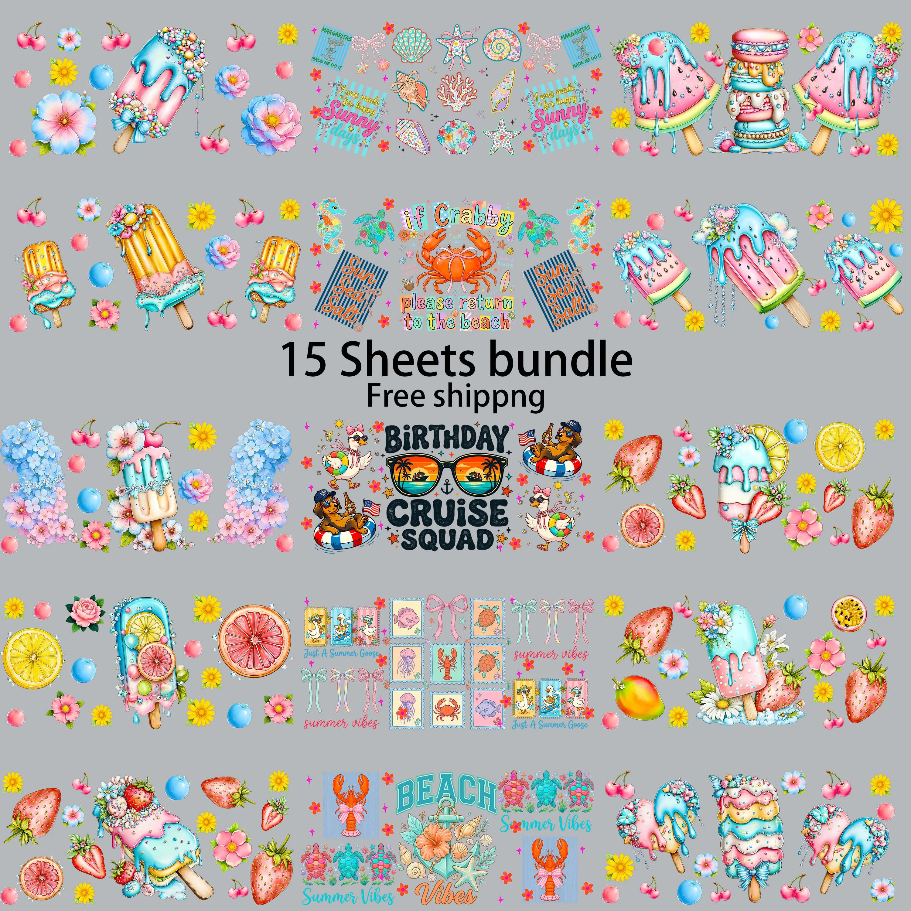 15pcs Summer Beach Vibe 16oz UV DTF Sticker Waterproof Party Deco DIY Decals 3D transfers uvdtf tumbler stickers uv dtf cup wrap
