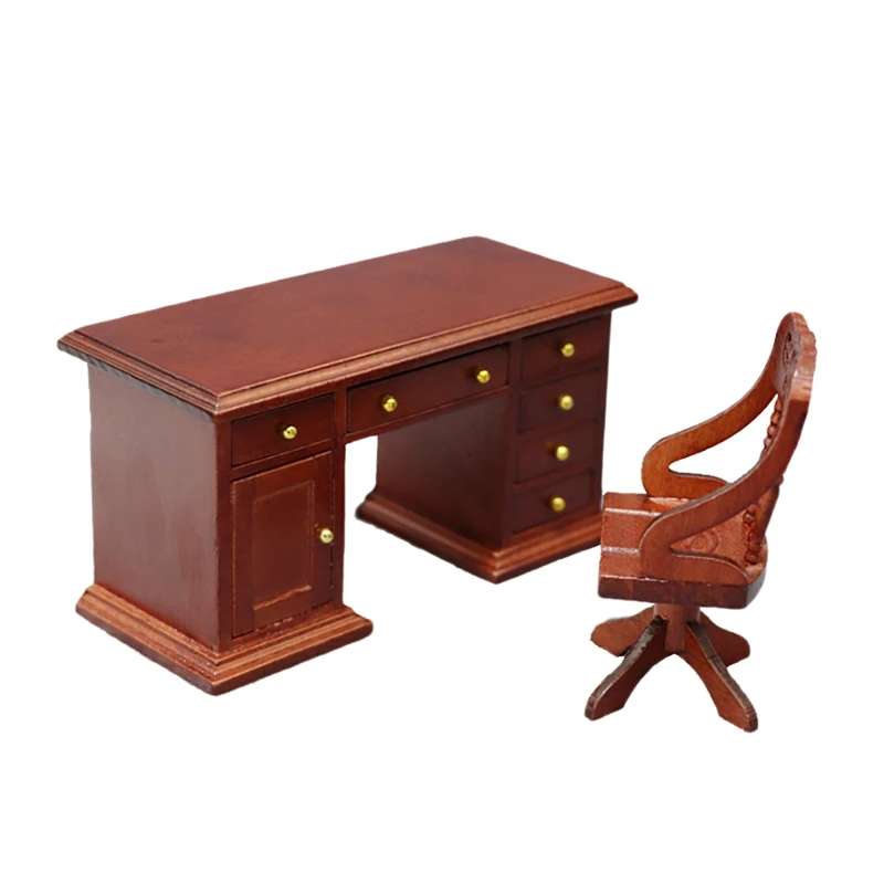 For 1:12 Dollhouse Mini Dollhouse Wooden Writing Desk Chair Set Furniture Decoration Toys Life Scene Accessories Toy