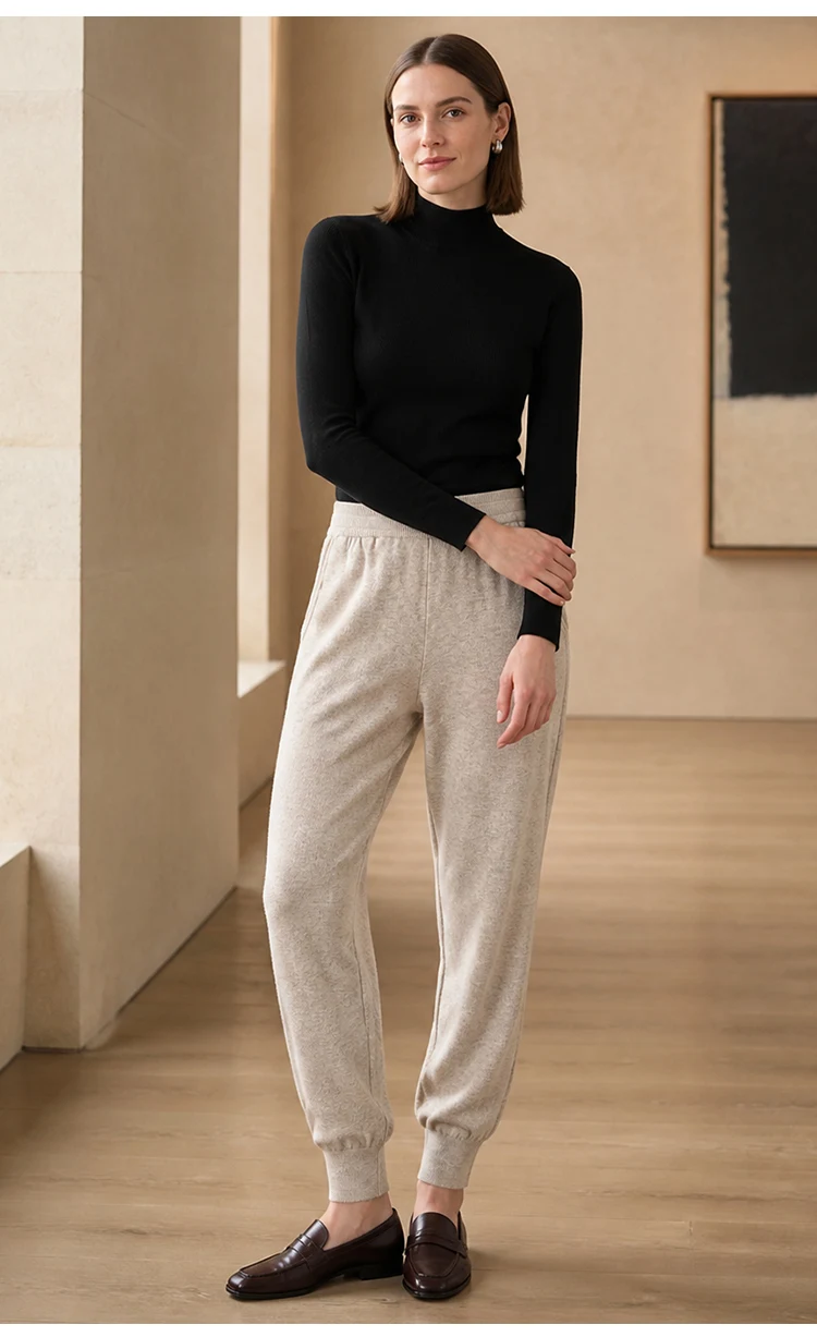 MZ62127 Damen Minimalistische Strick-Jogginghose mit Hoher Taille, Elastisch, Schmal Geschnitten, Weiche Modal-Mischung, Freizeithose für Herbst und Winter – Detail 4