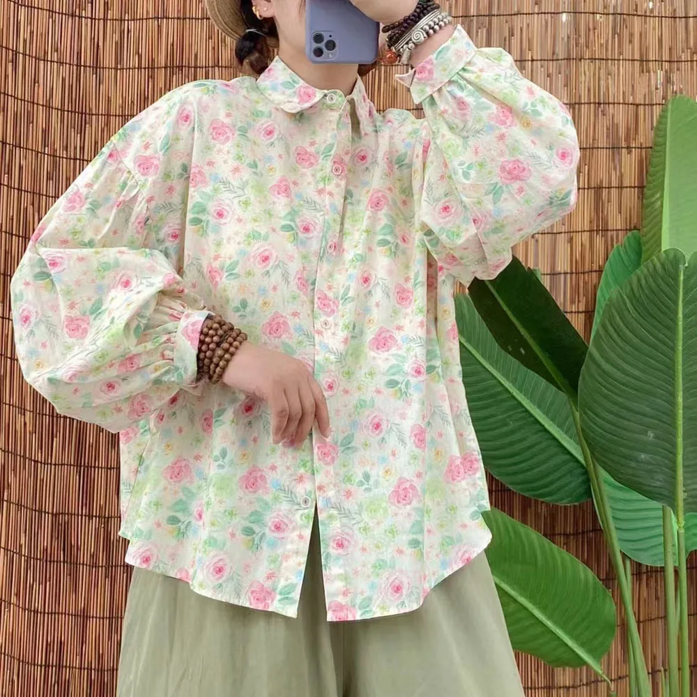 Mori kei clothing Japan style long sleeve rose floral shirts and blouses cotton large size tops autumn clothing women