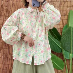 Mori kei clothing Japan style long sleeve rose floral shirts and blouses cotton large size tops autumn clothing women