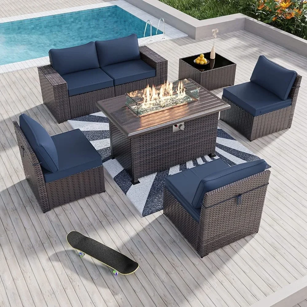 

7 Pieces Outdoor Patio Furniture Set with 43" Gas Propane Fire Pit Table PE Wicker Rattan Sectional Sofa Patio Conversation Sets