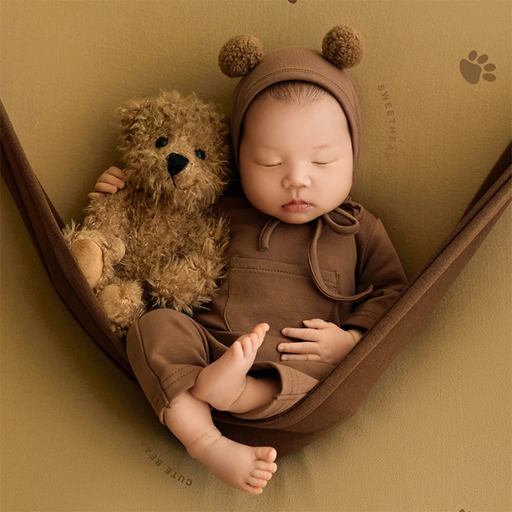 Newborn Baby Bear Outfit Soft Cotton Brown Bear Costume Adjustable Hat Photography Clothing Cute Plush Animal Comfort Doll Props