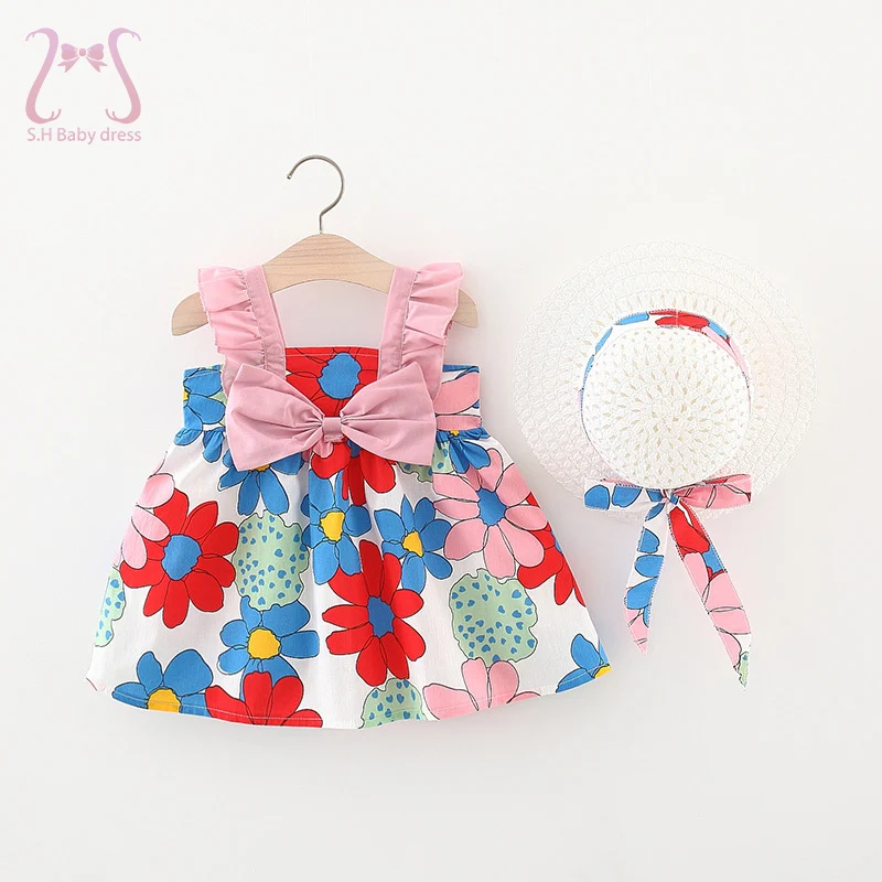 

2Pcs/Set Flower Dress For Baby Girl Bright Color Sling Dresses Sleeveless Toddler Children Clothes Summer Fashion Kids Suit