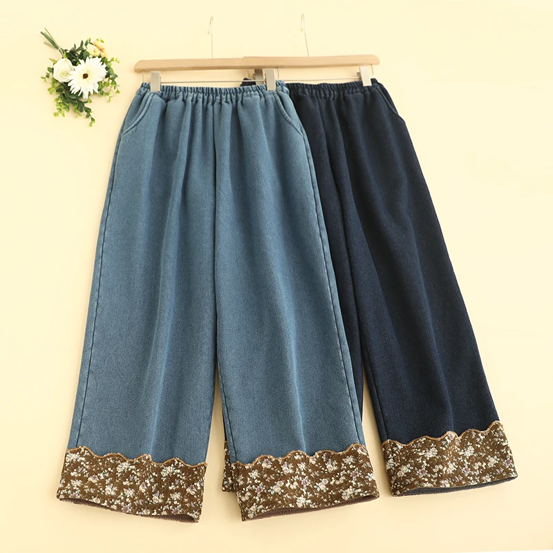 Otoño Invierno dulce Floral Denim pantalones de pierna ancha mujeres cintura elástica pantalones casuales de lana 824-900