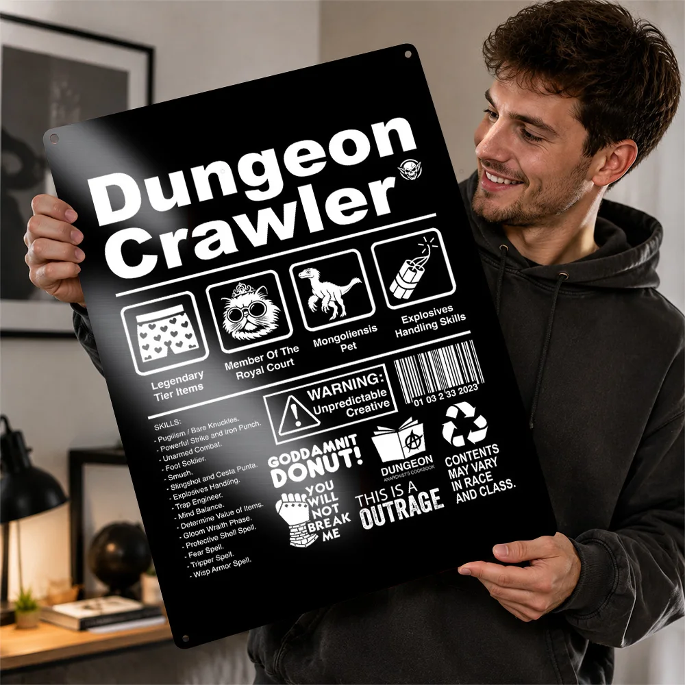 Dungeon Crawler Character Label Textured Metal Poster Typography Wall Art For Bedroom Personalized Aluminum Sign Birthday Gift