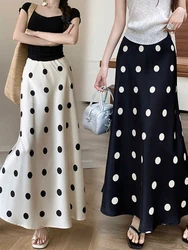 2024 Spring Y2K Dot Printed Women Casual Elastic Waist Skirt Elastic High Waisted A-Line Female Satin Long Skirt Jupe