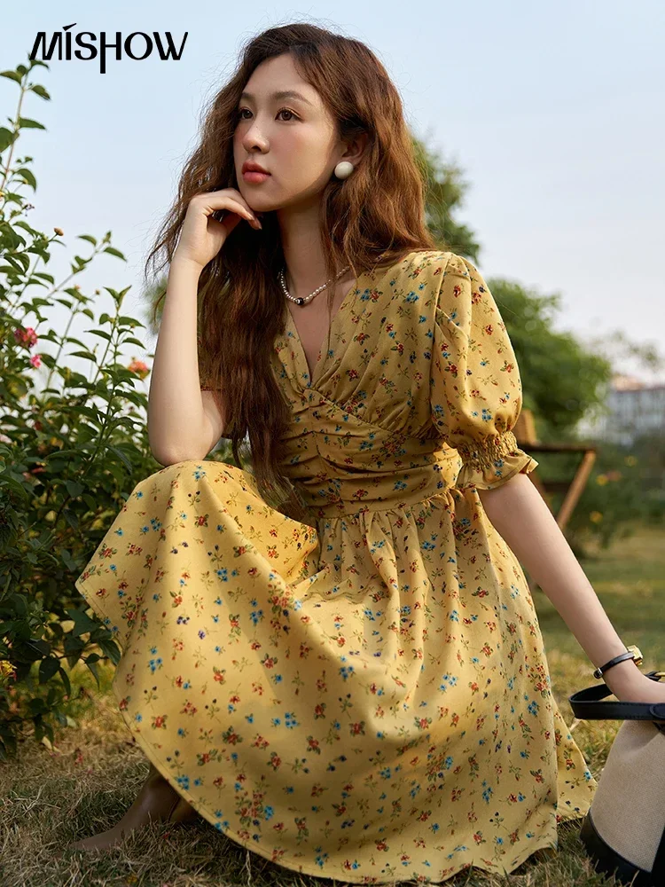 MISHOW Women\'s Retro Puff Sleeve Flower Dress 2025 Summer Waist Slim A-LINE V-Neck Shirring Female Ankle-Length Dress MXC33L1374