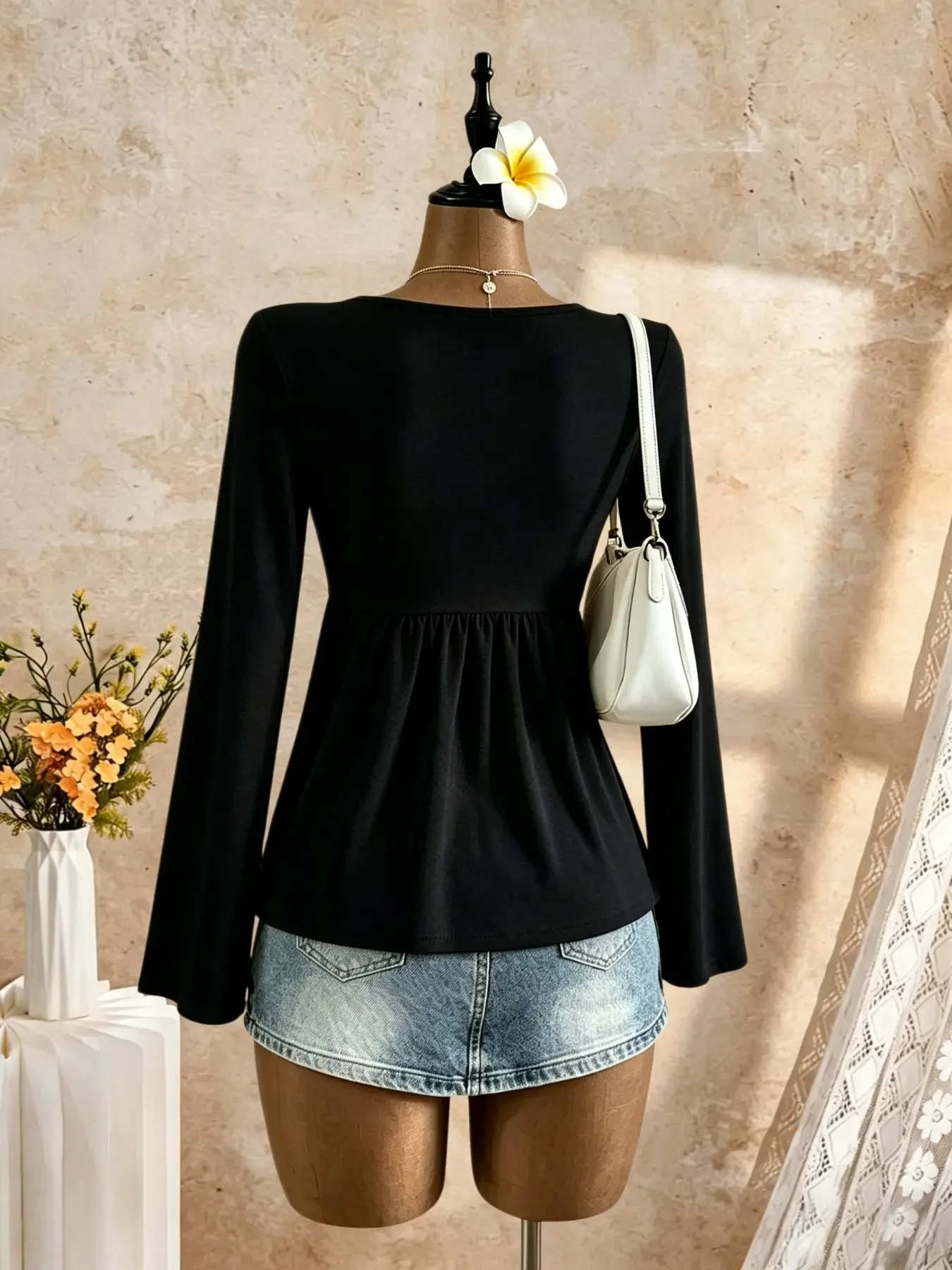 Women 2 Pack Sweetheart Neck Knot Front Flare Long Sleeve Top Peplum Hem Slim Fit Crop Tee Y2K Sexy Casual Basic Shirt