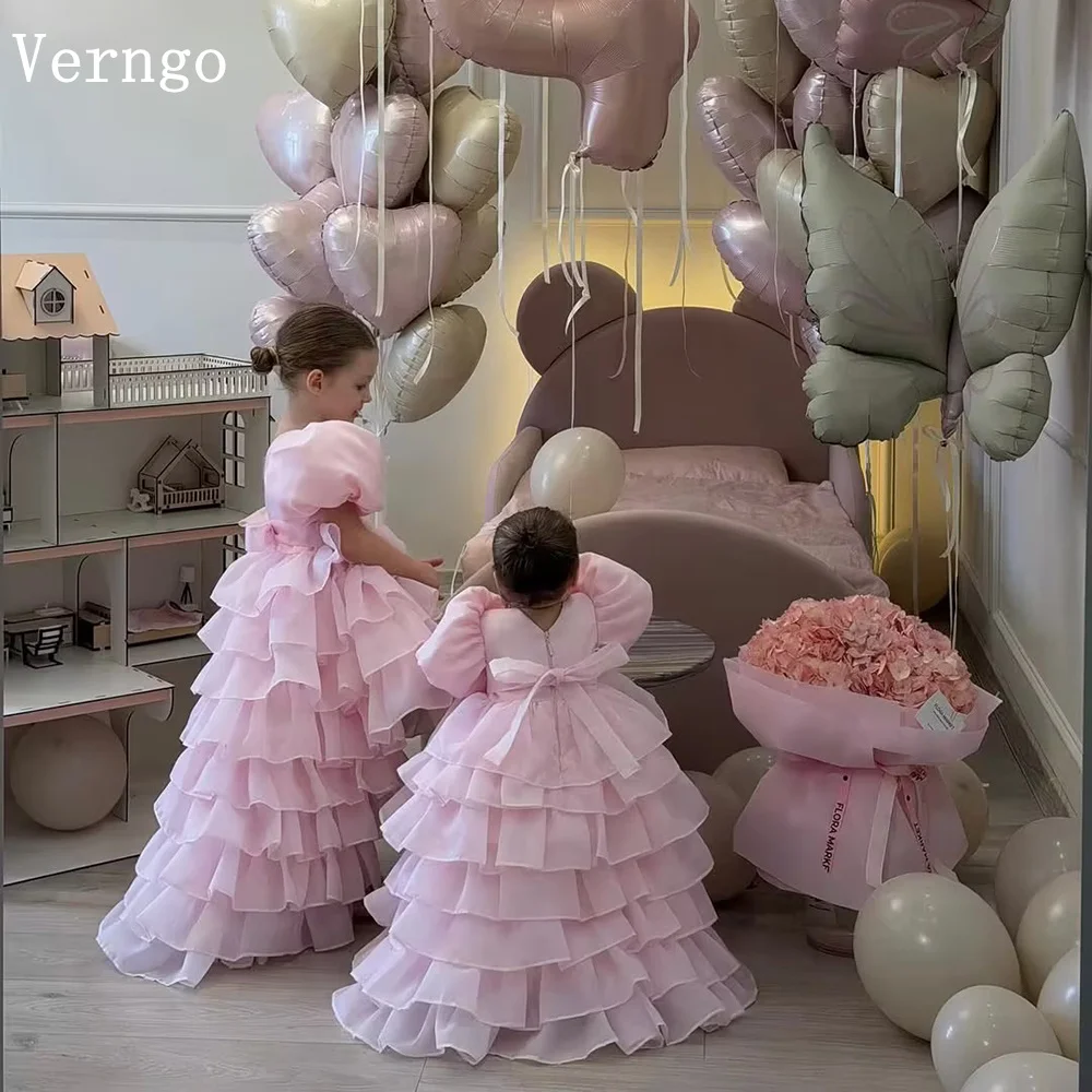 

Verngo Pink Tulle Princess Mini Girl Fowers Dress O Neck A Line Birthday Party Dresses Tiered Kid Prom Gown Customize
