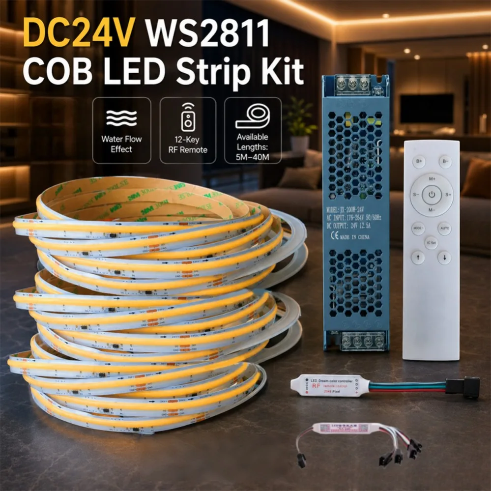 5M-40M WS2811 COB Flowing Light Strip DC24V 360LED/m 12 Key RF Remote Controller Power Set Cabinet Stair Indoor Ambient Light