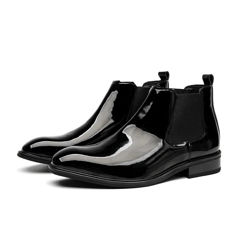 men fashion chelsea boots patent leather shoes business wedding dress pointed toe cowboy ankle boot black trendy short botas man