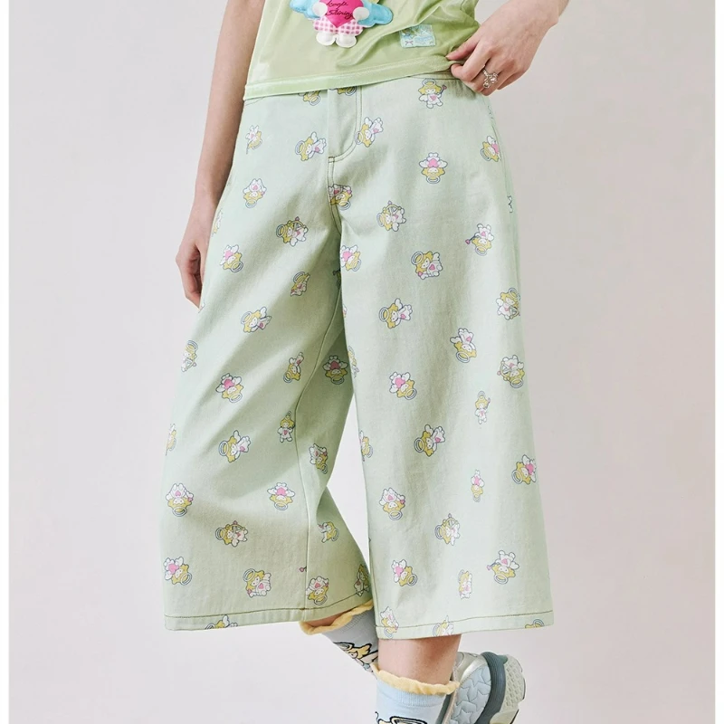 Retro Design Cartoon Print Women's Jeans 2025 Autumn New Sweet Cool Loose Versatile Age Reduction Wide-leg Capris Pants Ladies