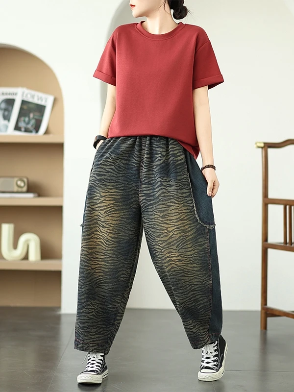 Damskie spodnie typu harlan z wysokim stanem i szerokimi nogawkami, na wiosnę 2025, nowe, z nadrukiem, łączone, dżinsowe, wyszczuplające.