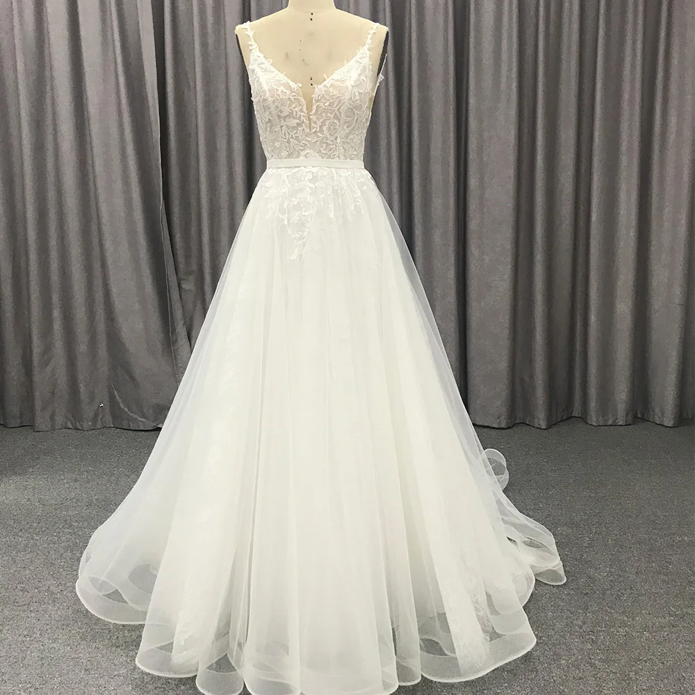 Sur Mesure A-ligne Simple 2024 Robes De Mariée Appliques V-cou Bretelles Spaghetti Mariées manquant Quelle que soit Robe De Mariée HX9044-2