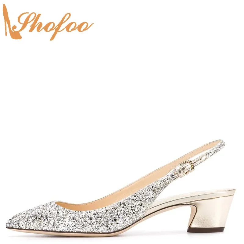 

Silver Sequined Cloth Pointed Toe Woman Med Chunky Heels Pumps Buckle Ladies Fashion Party Mature Shoes Large Size 12 14 Shofoo