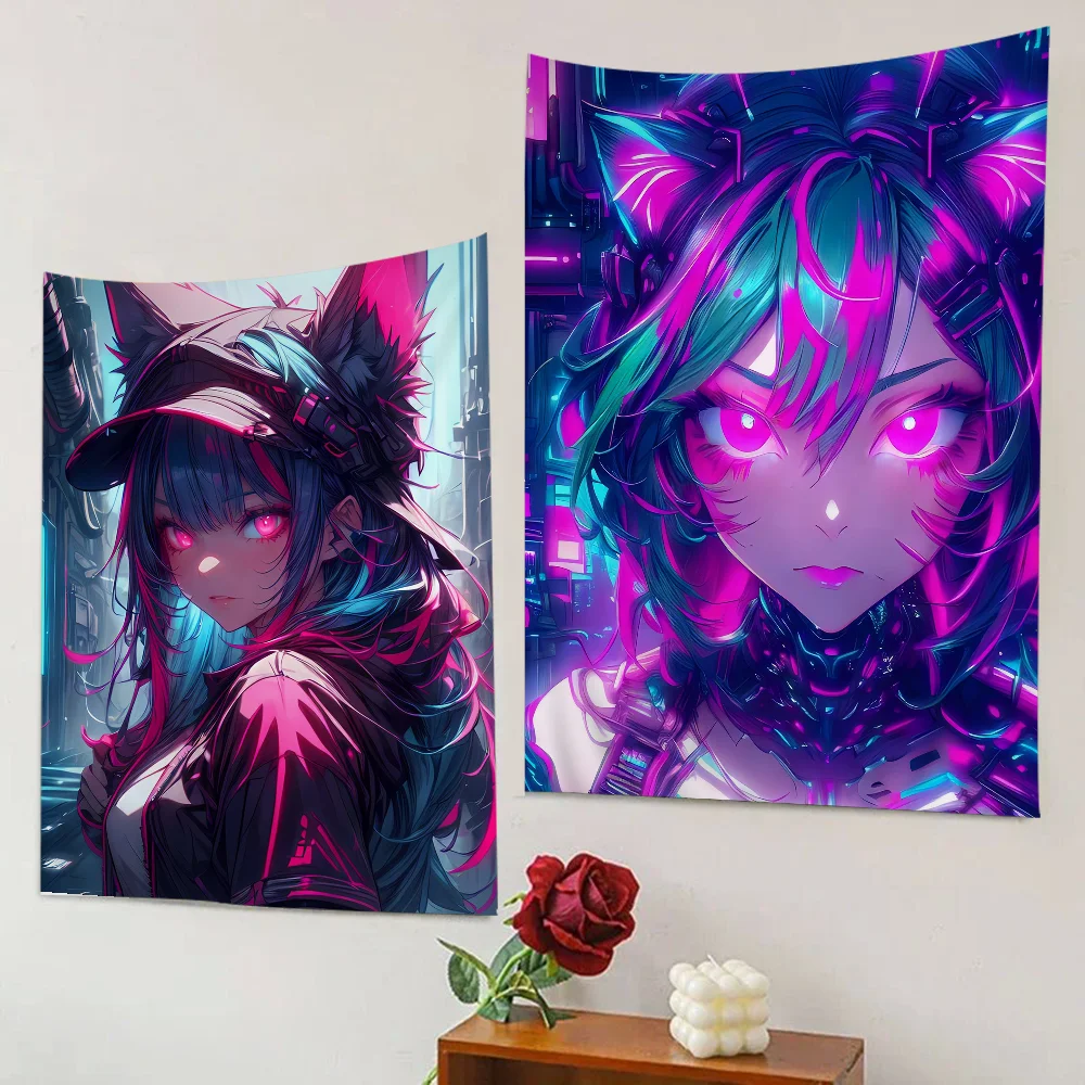 

Pop Neon Elements Anime Cat Ears Girl Tapestry Anime Tapestry Hanging Tarot Hippie Wall Rugs Dorm Wall Hanging Sheets