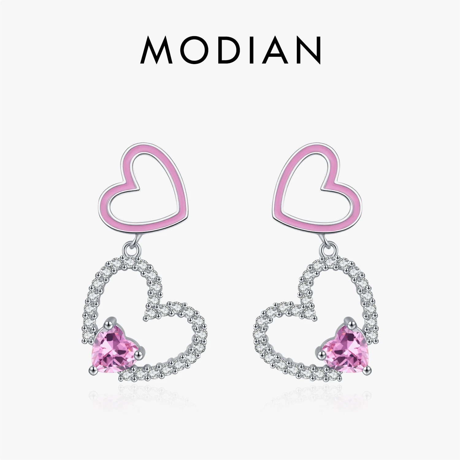 

MODIAN 925 Sterling Silver Fashion Pink CZ Dangle Earrings Original Design Hearts Enamel Drop Earrings For Women Fine Jewelry
