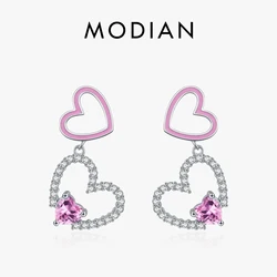 MODIAN 925 Sterling Silver Fashion Pink CZ Dangle Earrings Original Design Hearts Enamel Drop Earrings For Women Fine Jewelry