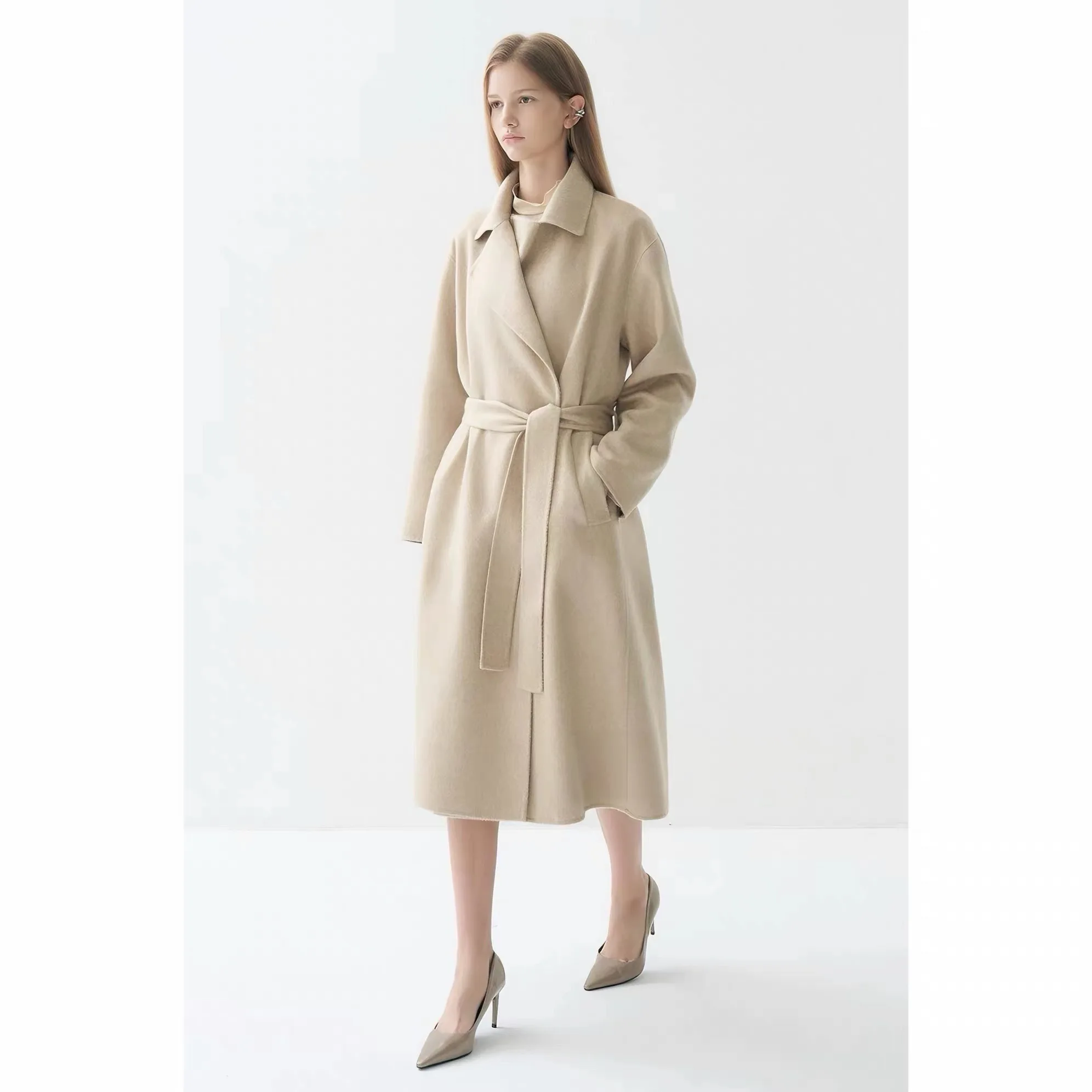 LingYao LAN26 Autumn Double-Sided Woolen Coat with Belt Classical Lapel Commuter Versatile Belted Water Wave Patterned Coat