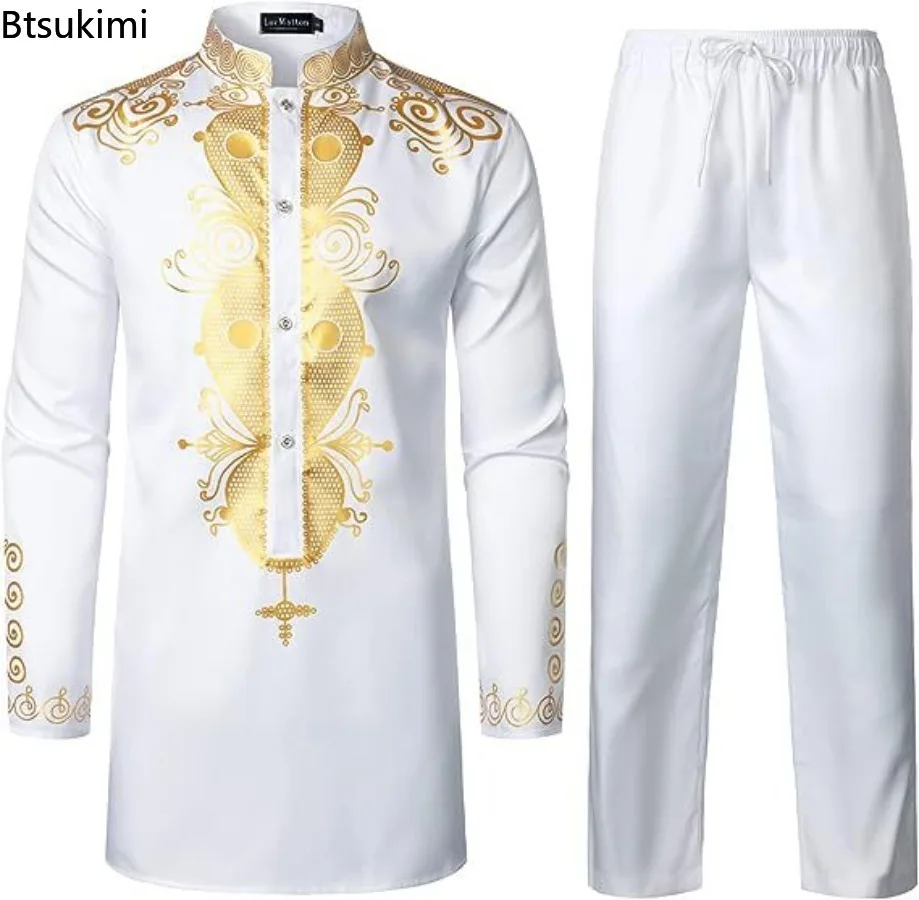 2024 African Men's Casual Printed Two Pieces Fashion Stand Collar Gold Stamping Top and Pants Sets Men Ethnic Style Muslim Suits