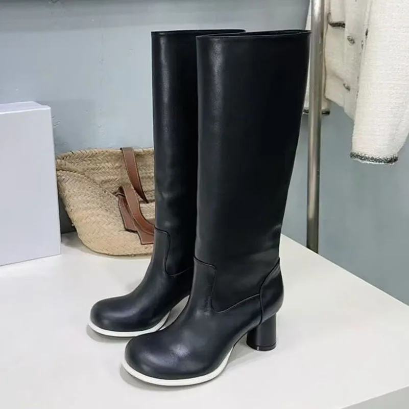 Genuine Leather Stretch Boots Women Fashion High Heels Long Boots Autumn Winter Round Toe Chunky Heels Knee-high Botas 2025