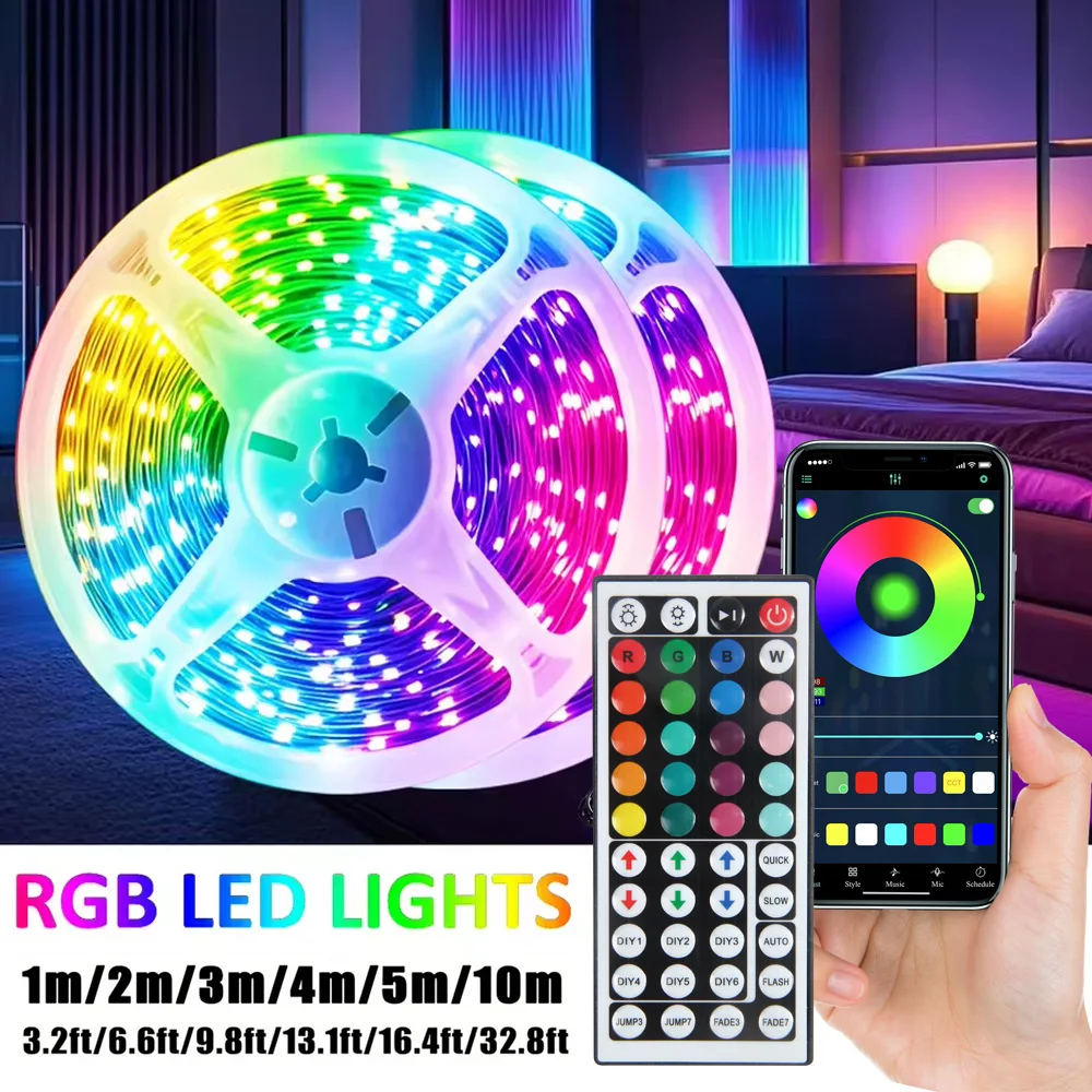 RGB LED Strip Lights With 44key Remote Control And App Control Change Color In Sync With Music Multiple Lighting Effects