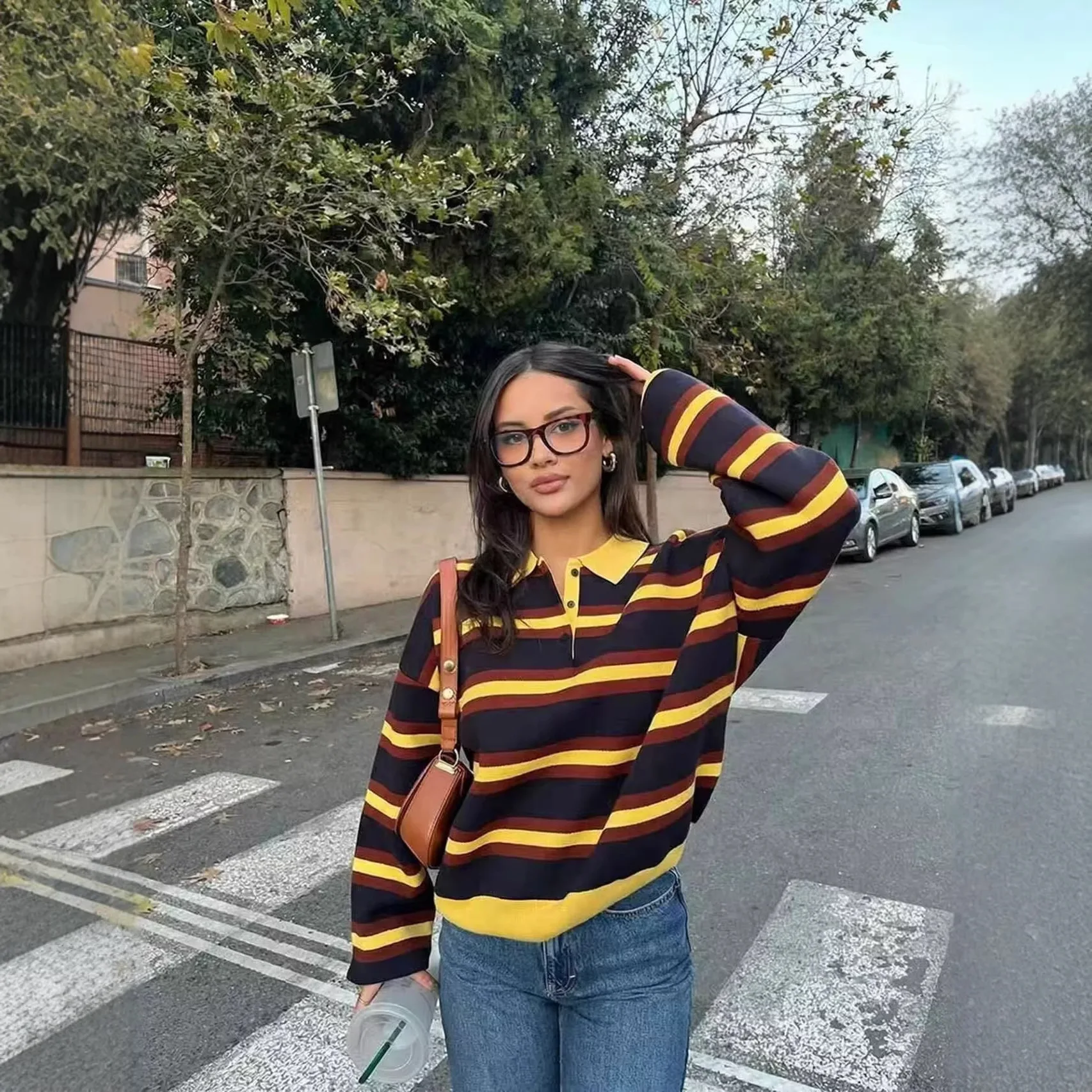 

2026 Women's Yellow-Brown-Black Striped Sweater Loose Long-Sleeve Knit Top Collar Sweater Casual For Women Long Sleeve Top GILZ