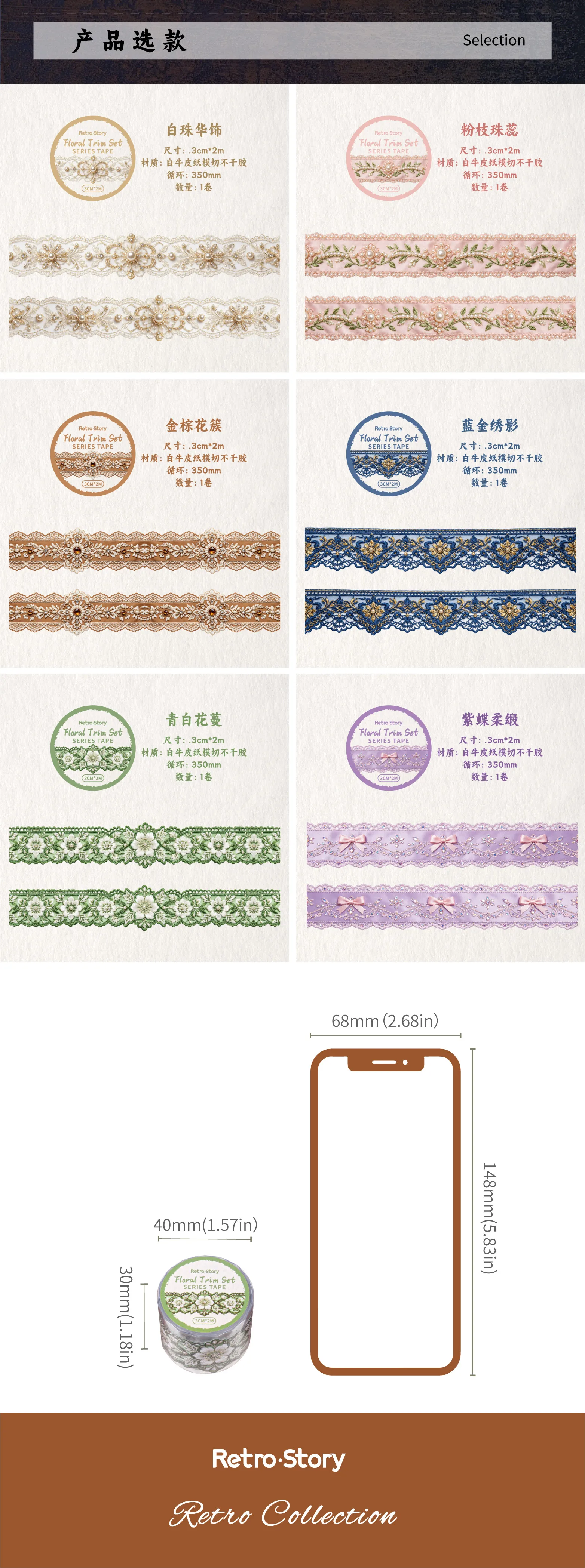 JIANQI 30mm * 2m Kreatives Spitzenband im Retro-Blumenstil, DIY Scrapbook Ästhetisches Masking Tape – Detail 6
