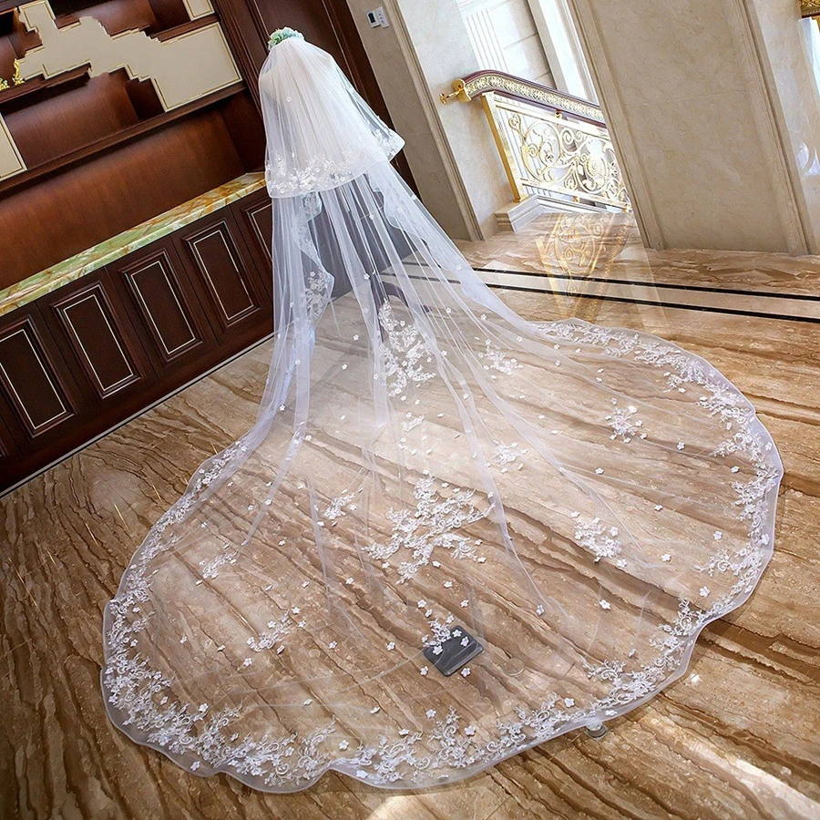 جديد وصول الأبيض العاجي طبقتين الدانتيل طرحة زفاف مع الزهور كاتدرائية حجاب الزفاف الطويل 2026 اكسسوارات الزفاف العروس #6