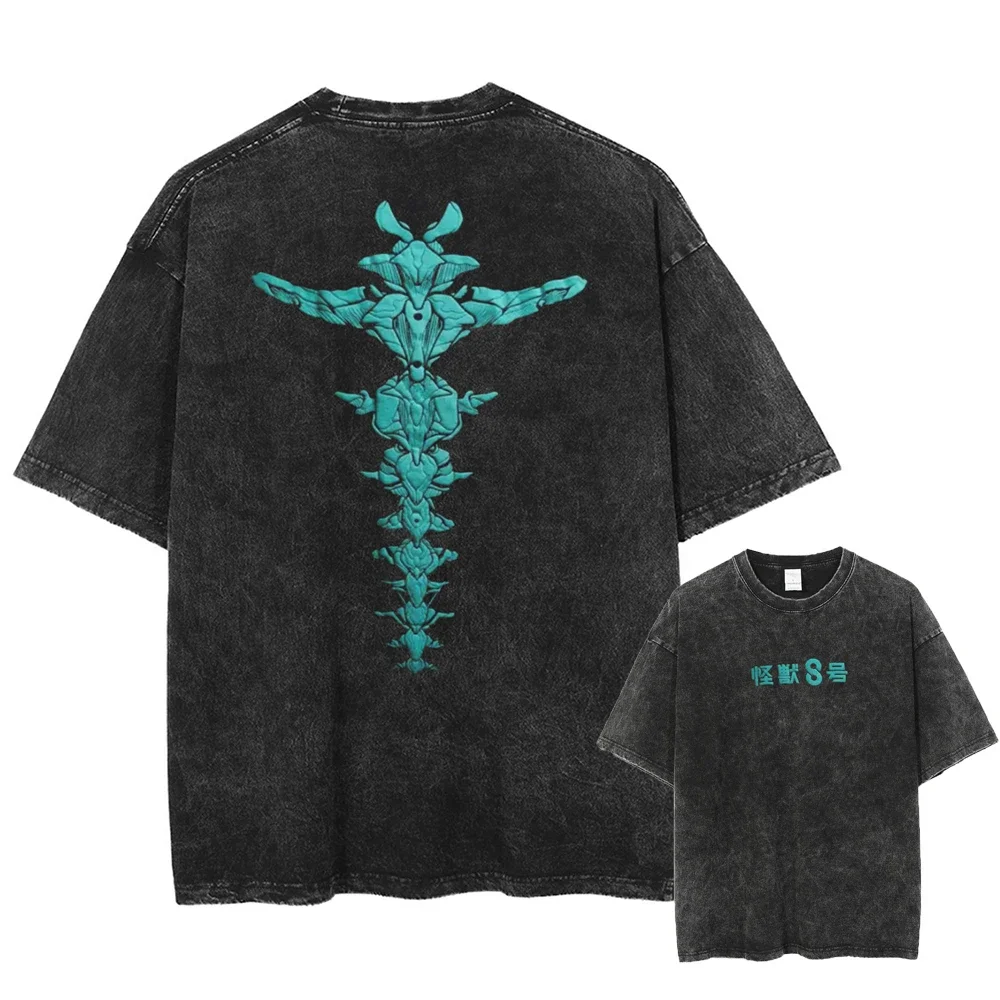 

Men Summer Streetwear Washed Tshirt Japanese Anime Graphic Printed T-Shirt Kaiju No 8 Unisex Harajuku Cotton Top Black